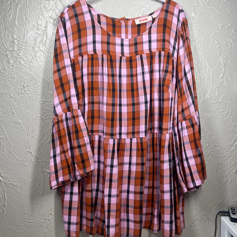EVRI Orange Bell‎ Sleeve Back Button Cotton Modal Plaid Plus Size Blouse Sz 1X